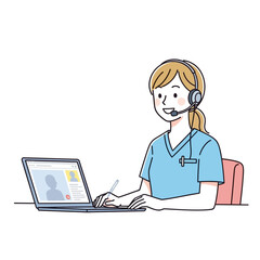 Friendly nurse wearing scrubs and a headset conducting a virtual patient consultation on a laptop, illustrating the concept of telemedicine and online healthcare support