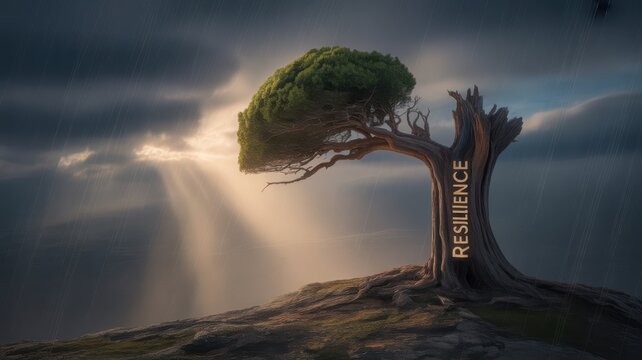 Resilience Concept with Tree on Hill in Stormy Weather, Strength and Endurance