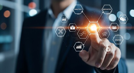 Businessman touching screen with digital network of business icons technology innovation