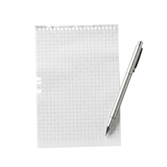 transparent graph paper with black grid lines and subtle tear, next to a sleek silver drafting pen, on a seamless transparent background, top-down view, concept of meticulous planning and design