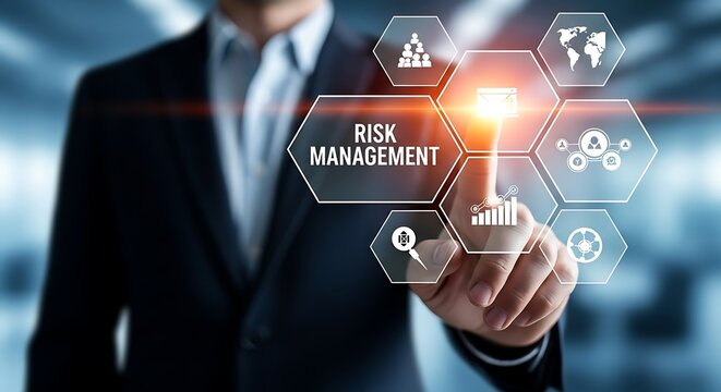 Businessman touching screen with risk management icons and global network hand interface