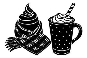 Vector art of cozy winter set with hot drink and scarf