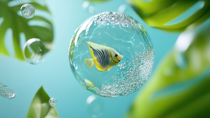 Tropical fish in an aquarium, bubbles and plants, 3D illustration