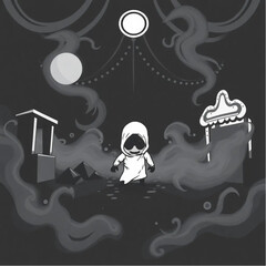 A spectral child creeping through the darkness in a abandoned carnival surrounded by swirling mist.