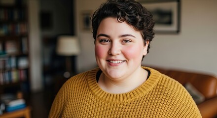 Fototapeta premium A smiling woman in a yellow sweater, standing in a cozy living room with a leather couch and bookshelves in the background.