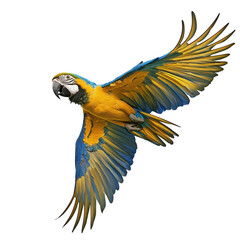 Fototapeta premium A blue and yellow macaw in mid-flight. its expansive wingspan against a clean white background. ideal for wildlife photography and educational materials