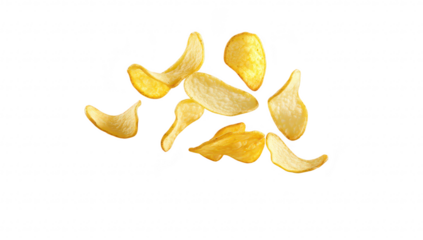 A dynamic display of flying potato chips in mid-air. their golden color and crispy texture against a clean white background. ideal for food advertising or snack promotion