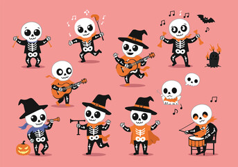 Vector art of skeletons in festive attire play instruments and dance with joy, creating a lively Halloween scene against a clean background the skeletons wear hats and scarves