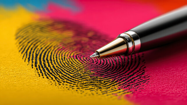 A silver pen touching the center of a black fingerprint on a vibrant multicolored background, symbolizing identity and uniqueness.
