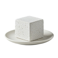 Light grey artisan marshmallow, pearl-dusted and perfectly cubed, on a matte white ceramic plate, isolated on a pure transparent background, 45-degree macro shot, high-key commercial product