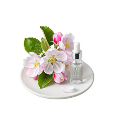 Delicate pink and white apple blossoms with emerald leaves, a clear glass dropper bottle, and a white ceramic plate on a transparent background with soft studio light, concept for high-end beauty