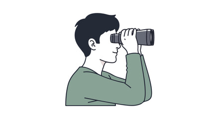 Illustration of a man using binoculars to observe distant objects with a focused expression, suggesting exploration or discovery in a simple style