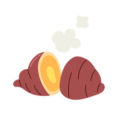 Cartoon illustration showing a steaming sweet potato isolated on white background. Isolated food for cooking, agriculture, nutrition and vegan recipes