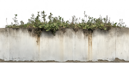 A concrete wall covered with lush green plants and weeds. natures resilience. set against a bright white background. ideal for environmental themes or urban decay concepts