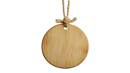 A circular. wooden tag made of bamboo. hanging from a twine loop. its natural texture and color. ideal for labeling or decorative purposes in various settings