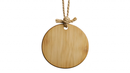 A circular. wooden tag made of bamboo. hanging from a twine loop. its natural texture and color. ideal for labeling or decorative purposes in various settings