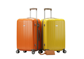 Vibrant orange and bright yellow hardside suitcases with extended chrome handles and a light brown leather travel tag on a seamless transparent background. Product showcase for travel luggage