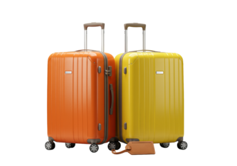 Vibrant orange and bright yellow hardside suitcases with extended chrome handles and a light brown leather travel tag on a seamless transparent background. Product showcase for travel luggage