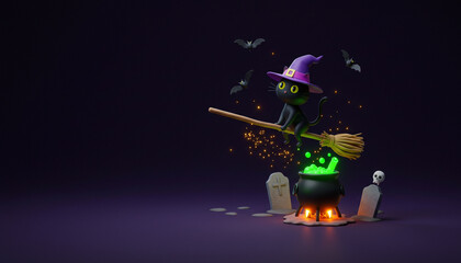 3D rendered halloween-themed illustration featuring a black cat on a floating broom with glowing sparks and a bubbling cauldron, leaving generous copy space. Perfect for greeting cards