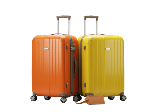 Vibrant orange and bright yellow hardside suitcases with extended chrome handles and a light brown leather travel tag on a seamless transparent background. Product showcase for travel luggage - Powered by Adobe