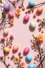 Colorful Easter Eggs with Flowers Pink Background