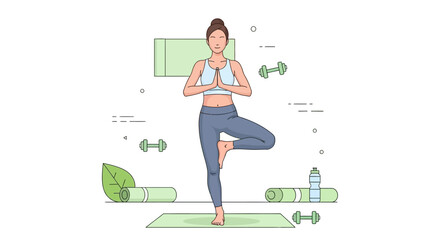 Illustration of a woman in tree pose practicing yoga for fitness and mindfulness training