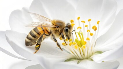 Honey bee on white flower isolated on white background collecting pollen