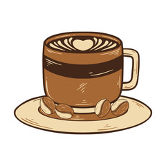 Hand Drawn of  Coffee Cup with Latte Art and Coffee Beans