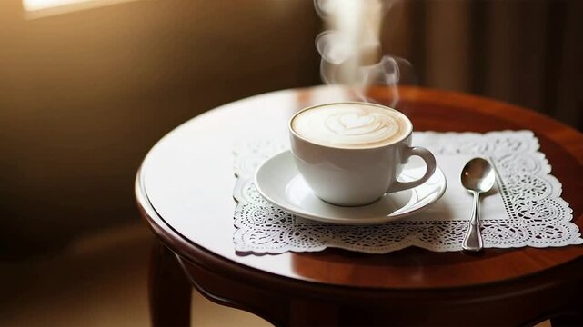Hot cappuccino with heart latte art on a lace doily on a table