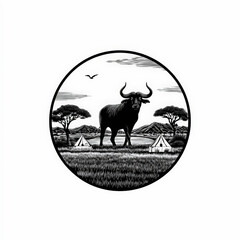 A majestic buffalo stands in a serene savannah landscape, with acacia trees and a bird soaring overhead. Black and white illustration.
