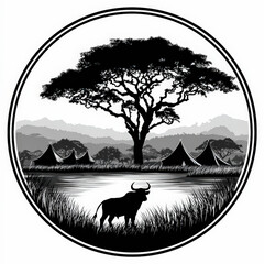 Silhouetted African landscape in a circular frame: a lone tree, tents, mountains, and a wildebeest by a serene water body.