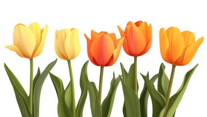 Obraz premium A arrangement of yellow. orange. and red tulips standing tall with lush green leaves against a clean white background. ideal for spring-themed designs and floral decorations