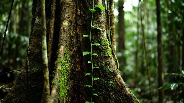 A tenacious vine slowly grows and winds around a tree in the humid rainforest, a compelling growth timelapse wilderness, jungle, energy