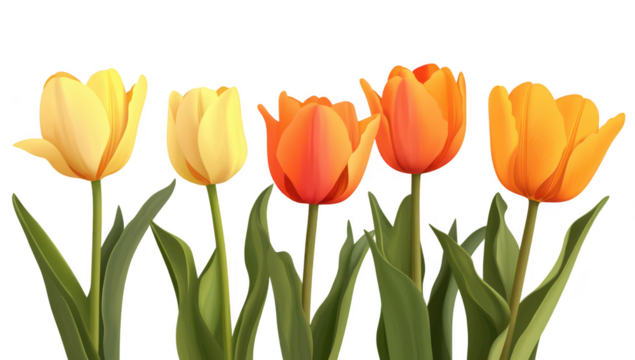 A arrangement of yellow. orange. and red tulips standing tall with lush green leaves against a clean white background. ideal for spring-themed designs and floral decorations