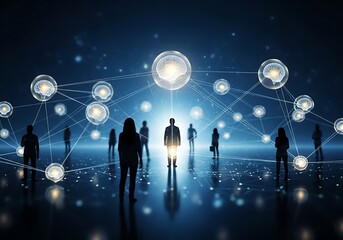 Futuristic network concept with silhouettes of people connected by glowing nodes and lines, symbolizing global communication and technology