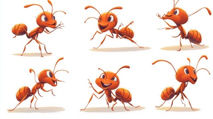 Six cartoon red ants in different poses on a white background, showing joy and activity. Suitable for children's books, educational materials about nature, and animation projects.