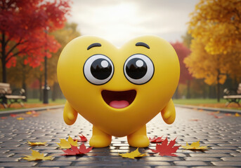 Happy yellow heart character with big eyes in autumn park