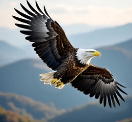 Majestic bald eagle soars high above the mountains with wings fully spread