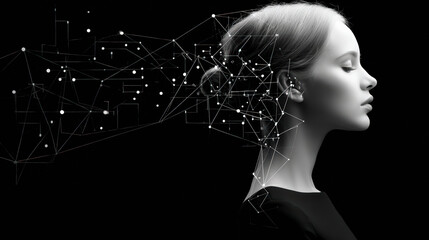 Profile of a woman with digital mesh and lines forming around her head, symbolizing advanced technology or artificial intelligence.