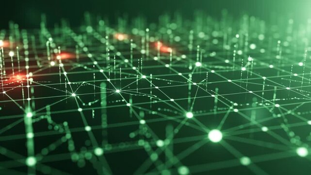 Innovative digital network grid with interconnected nodes and glowing points, representing data transfer and advanced technology concepts, in a futuristic green and red aesthetic