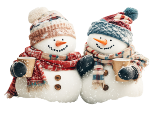 Charming and Cheerful Snowmen with Colorful Hats and Scarves Enjoying a Cold Winter Day with Warm Drinks in their Hands on transparent background