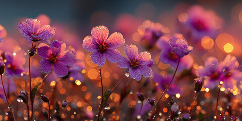 Vibrant purple flowers glistening with dewdrops at sunrise, casting a magical glow with sparkling bokeh light in the background.