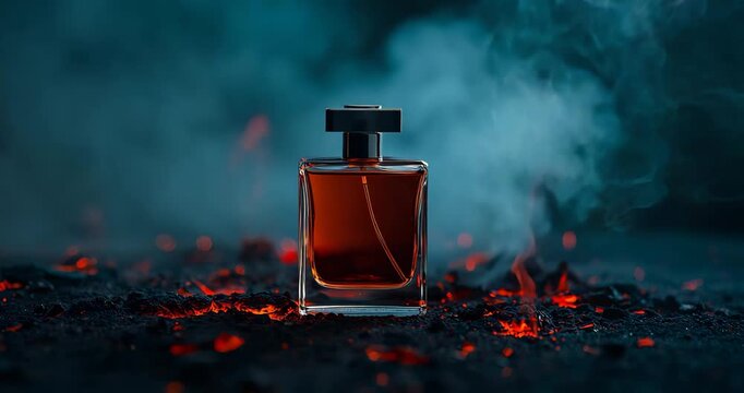 Elegant perfume bottle on volcanic rock with smoky background presentation
