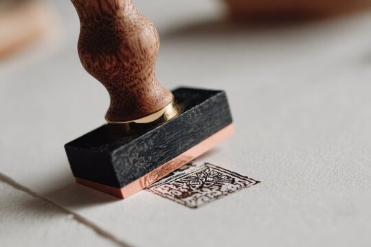 Wooden stamp imprints design on paper