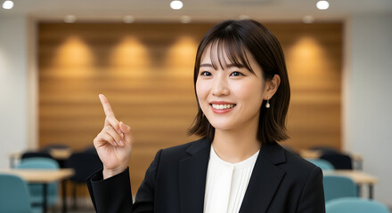 Confident young Asian businesswoman pointing up presenting ideas innovative solutions successful career corporate leadership