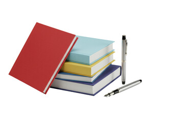 Five stacked red, blue, yellow, purple hardcover books with white pages & a metallic silver fountain pen on transparent background, bright studio light, no shadows. Concept of literary elegance and