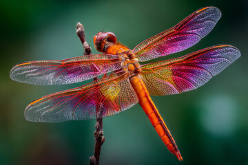 A striking orange dragonfly perched on a twig, displaying its intricate, iridescent wings against a soft green background.