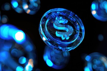 Blue dollar coin displays currency symbol and bright light, floating in a black background with bokeh effects