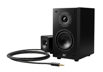 Pristine black modern audiophile speaker with premium drivers and refined grille, a second smaller speaker, and braided cable on transparent studio background, concept of audio excellence