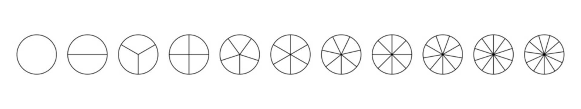 Segmented charts. Parts of diagram wheel from 1 to 11. Template of pie chart. Sectors divide the circle on equal parts. Coaching blank. Outline black graphics. Set of pie charts, pizza infografic.